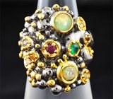 Серебряное кольцо c эфиопскими опалами, изумрудом, родолитом и разноцветными сапфирами