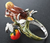 Скульптурное серебряное кольцо «Белочка» с цветной эмалью Серебро 925