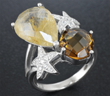 Оригинальное серебряное кольцо с рутиловым кварцем и цитрином Серебро 925