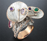 Серебряное кольцо с рубином, аметистами и зеленым агатом Серебро 925
