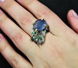 Серебряное кольцо c синим сапфиром, зеленым агатом и изумрудами Серебро 925