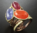 Серебряное кольцо с танзанитом, корнелианом и рубином Серебро 925