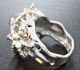 Серебряное кольцо с арбузным турмалином и разноцветными сапфирами Серебро 925