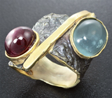 Серебряное кольцо со звездчатым рубином и аквамарином Серебро 925