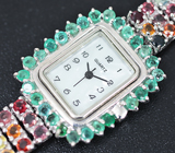 Часы с изумрудами на серебряном браслете с разноцветными сапфирами Серебро 925