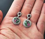 Серебряные серьги с изумрудами, рубинами и родолитами гранатами Серебро 925