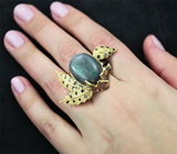Серебряное кольцо с лабрадоритом и черными шпинелями Серебро 925