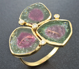 Золотое кольцо со слайсами арбузных турмалинов и бриллиантами Золото