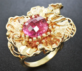 Крупное золотое кольцо с ярким рубеллитом турмалином 5,52 карат и бриллиантами Золото