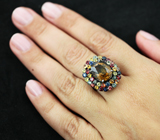 Превосходное серебряное кольцо с цитрином и разноцветными сапфирами Серебро 925