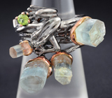 Серебряное кольцо с кристаллами аквамаринов и перидотом Серебро 925