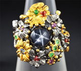 Серебряное кольцо со звездчатым сапфиром и цаворитами Серебро 925