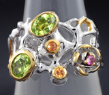 Серебряное кольцо с перидотами и разноцветными сапфирами Серебро 925