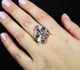 Праздничное cеребряное кольцо с разноцветными сапфирами Серебро 925