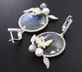 Оригинальные серебряные серьги с лабрадоритами, жемчугом и цветной эмалью Серебро 925
