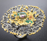 Серебряное кольцо с цветной жемчужиной, изумрудами и сапфирами Серебро 925