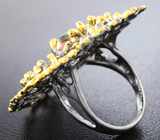 Серебряное кольцо с цветной жемчужиной, изумрудами и сапфирами Серебро 925