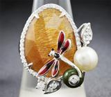 Оригинальное серебряное кольцо с ограненным солнечным камнем, жемчужиной и цветной эмалью Серебро 925