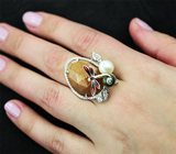 Оригинальное серебряное кольцо с ограненным солнечным камнем, жемчужиной и цветной эмалью Серебро 925