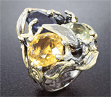 Серебряное кольцо с насыщенно-синим сапфиром, цитрином и зеленым аметистом