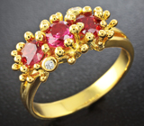 Золотое кольцо с рубиновыми шпинелями 1 карат и бриллиантами Золото
