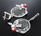 Оригинальные серебряные серьги с рутиловым кварцем, жемчугом и цветной эмалью Серебро 925