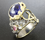 Серебряное кольцо с синим сапфиром и родолитом  Серебро 925