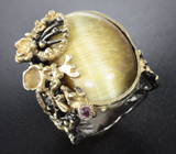 Серебряное кольцо с тигровым глазом и родолитами Серебро 925