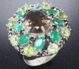 Эффектное серебряное кольцо с дымчатым кварцем, зелеными агатами и перидотами Серебро 925