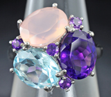 Серебряное кольцо с голубым топазом, аметистами и розовым кварцем Серебро 925