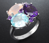 Серебряное кольцо с голубым топазом, аметистами и розовым кварцем Серебро 925