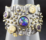 Серебряное кольцо с кристаллическим черным опалом, аметистами и цитринами