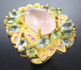 Крупное серебряное кольцо с розовым кварцем, топазами, перидотами и сапфирами Серебро 925