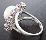 Серебряное кольцо с жемчужиной, танзанитами и рубинами Серебро 925