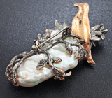 Серебряная брошь/кулон с жемчужиной барокко, изумрудами и цитрином Серебро 925