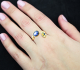 Золотое кольцо cо звездчатым и синим сапфирами 2,14 карат и бриллиантом Золото