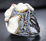 Серебряное кольцо с жемчужигом барокко и сапфирами Серебро 925