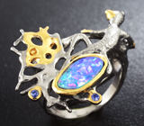 Серебряное кольцо с австралийским дублет опалом и синими сапфирами Серебро 925