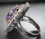 Крупное серебряное кольцо с аметистом и танзанитами Серебро 925