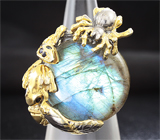 Серебряное кольцо с лабрадоритом и синими сапфирами Серебро 925