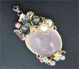 Серебряный кулон с розовым кварцем, жемчугом, рубинами, синими сапфирами и изумрудами Серебро 925