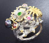Серебряное кольцо с цветной жемчужиной и самоцветами Серебро 925