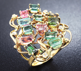 Золотое кольцо с 12 разноцветными турмалинами 5,65 карат и лейкосапфирами Золото