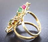 Золотое кольцо с 12 разноцветными турмалинами 5,65 карат и лейкосапфирами Золото