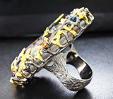 Серебряное кольцо с абалоном, аметистом, насыщенно-синим топазом, желтым сапфиром и иолитами Серебро 925