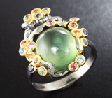 Серебряное кольцо с пренитом и разноцветными сапфирами