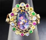 Золотое кольцо с кристаллическим черным опалом 3,04 карат, самоцветами и бриллиантами! Опалесценция всех цветов радуги Золото
