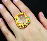 Массивное серебряное кольцо с розовым кварцем, изумрудами, синими сапфирами и рубином Серебро 925