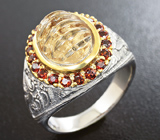 Серебряное кольцо с резным цитрином и мозамбикскими гранатами Серебро 925