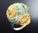 Серебряное кольцо «Улитка» с изумрудами и рубинами Серебро 925